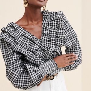 NWT English Factory Long Sleeve V Neck Ruffle Black and White Plaid Blouse - M